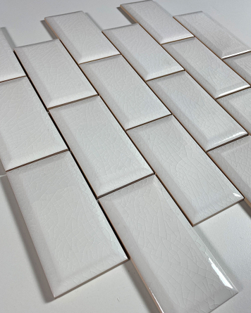Metro tiles white with crackle 5x10 cm on mesh